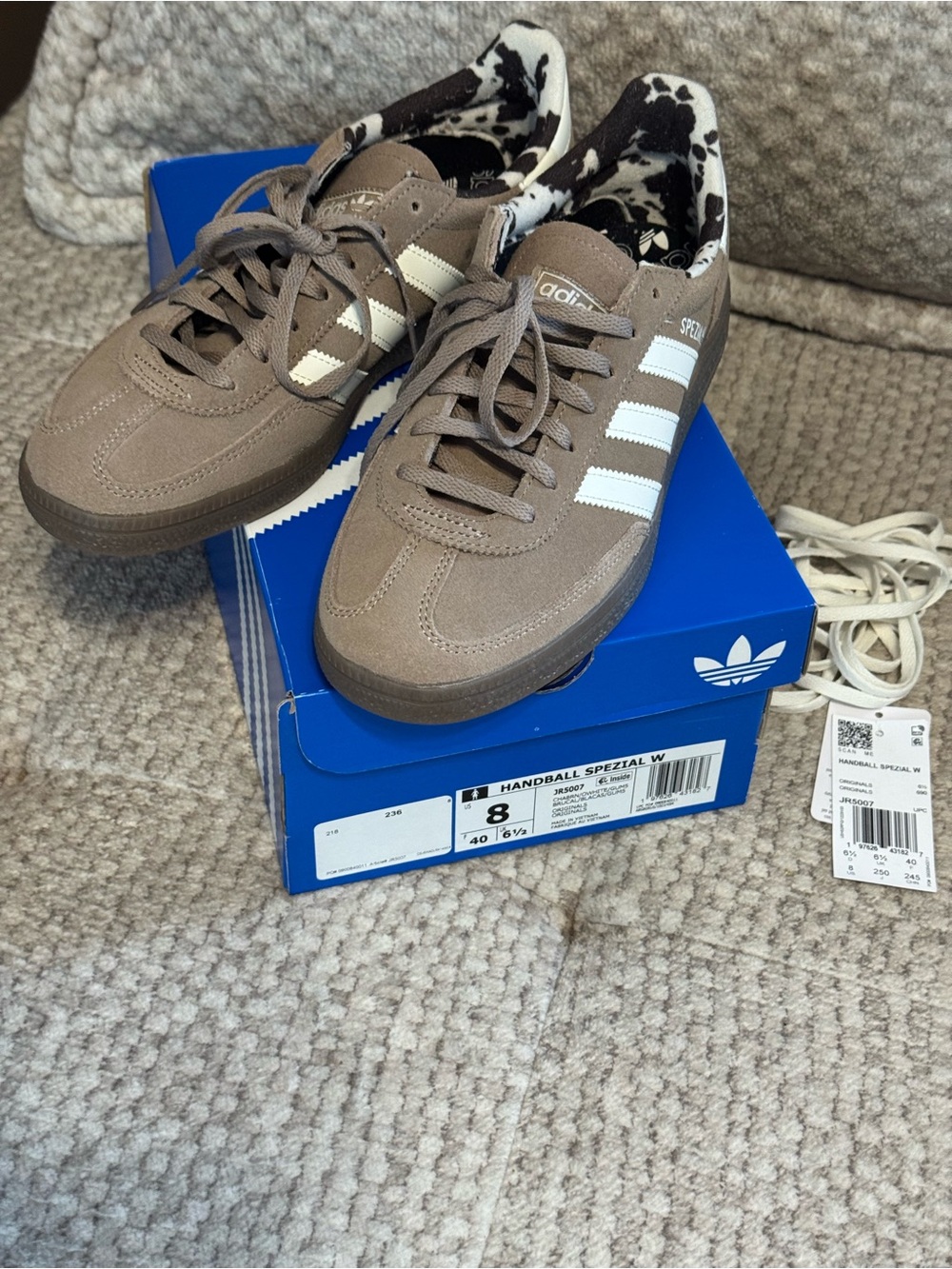adidas Handball Spezial Suede Sneakers, Brown & White w/“pony” ankle interior.